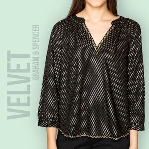 Velvet by Graham & Spencer Blouse Medium Milla Black Gold Pattern Peasant Beaded